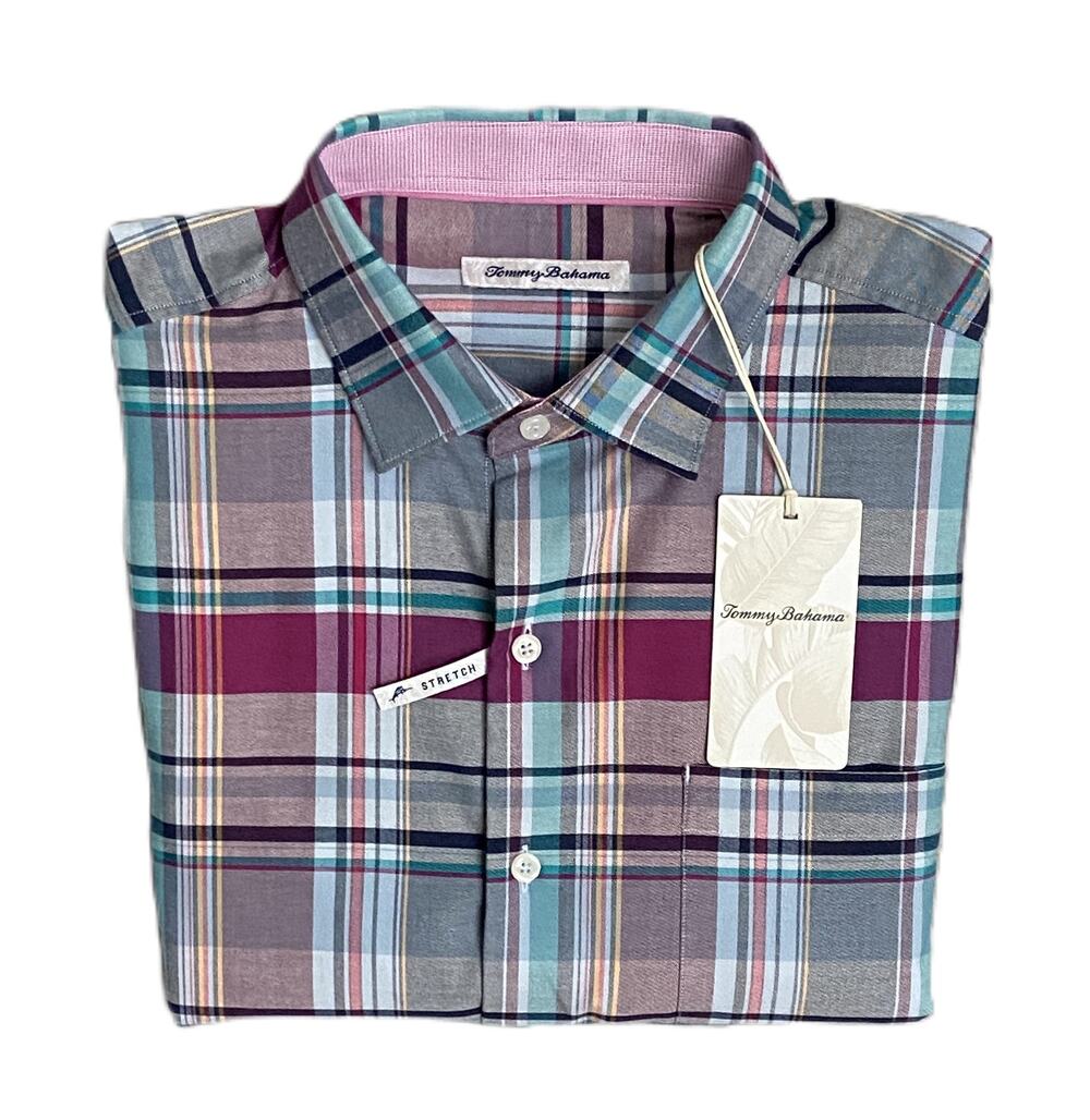 Tommy Bahama Shirt Men's XL "Lazlo Cheers Check" Shirt Silk Blend Stretch NWT